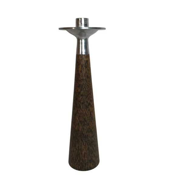 Modern Candle Holder In Coconut Wood & Silver Metal 13 x 3 Thailand - Picture 1 of 8